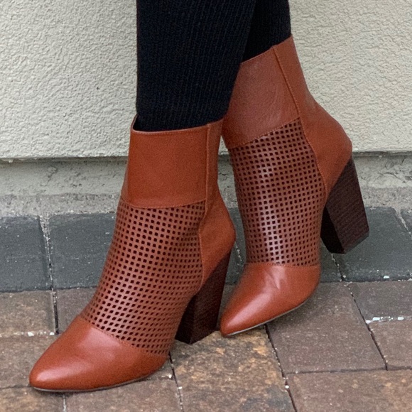 NIB Cognac Pointy Toe Perforated Heeled Boots - Picture 5 of 8